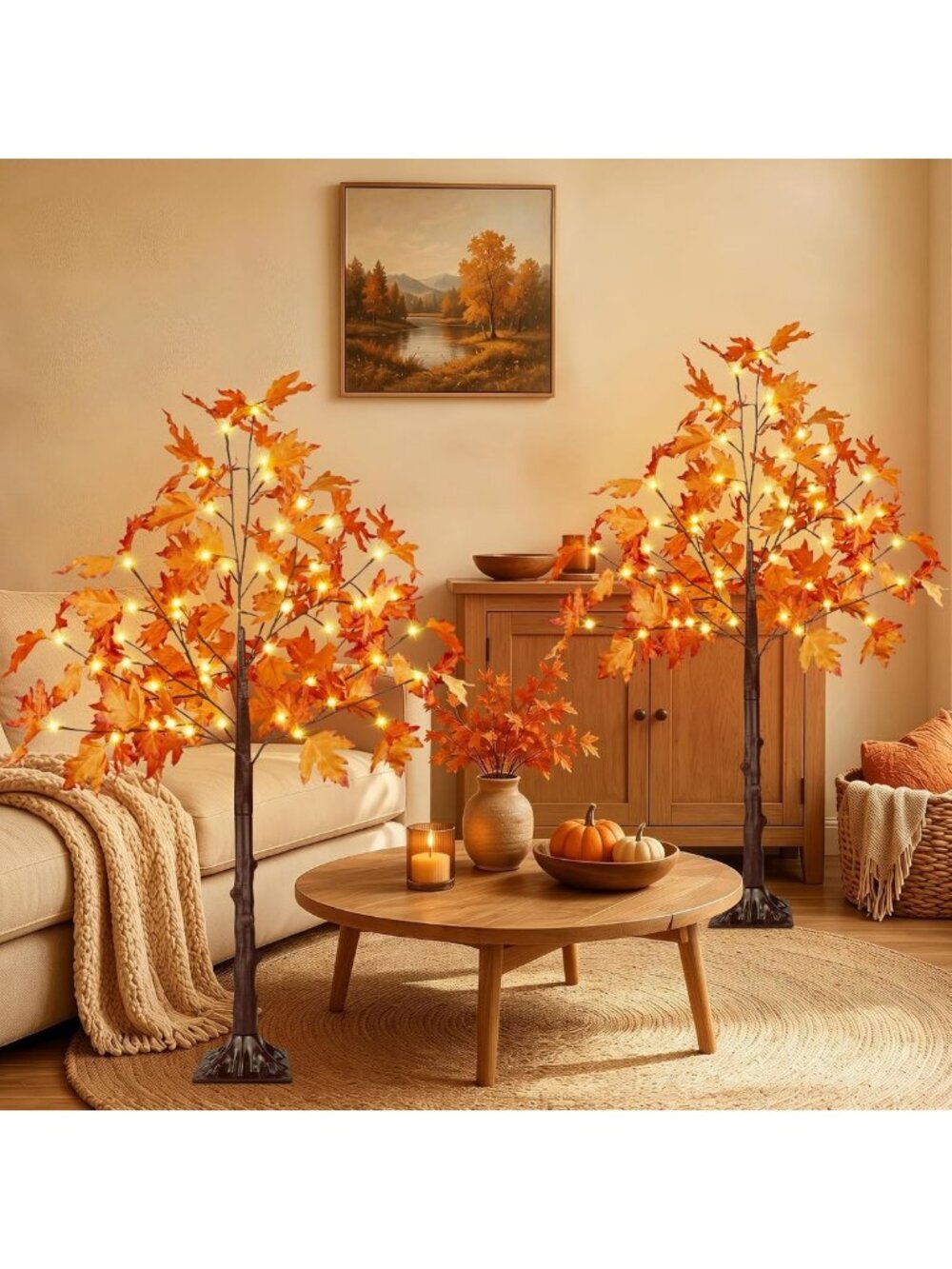 2 Pack 4FT LED Lighted Maple Trees - Artificial Fall Decor for Indoor/Outdoor
